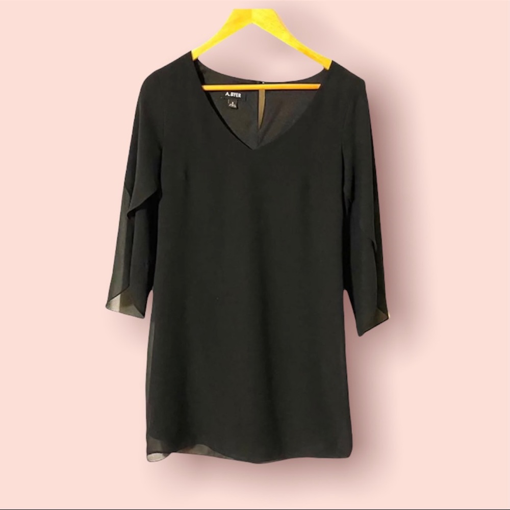 A. Byer Black Chiffon 3/4 Bell Sleeves Pencil Dress V Neck Small Knee Length